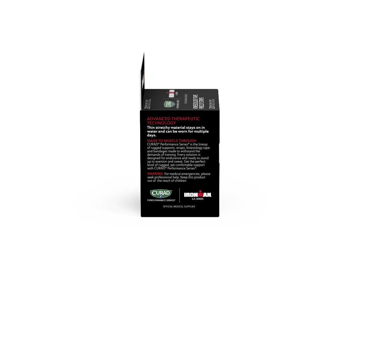 Kinesiology tape box side panel showing Curad Performance Series and Ironman branding on black packaging with product
