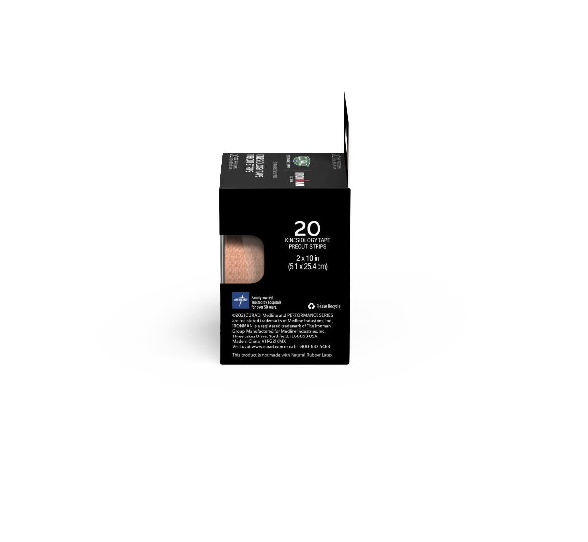 Kinesiology tape precut strips in black box packaging showing 20 strips, beige color, side and back view