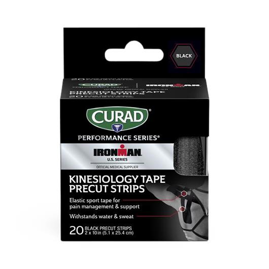 Curad Performance Series black kinesiology tape precut strips in retail box, 20 count, Ironman edition branding visible