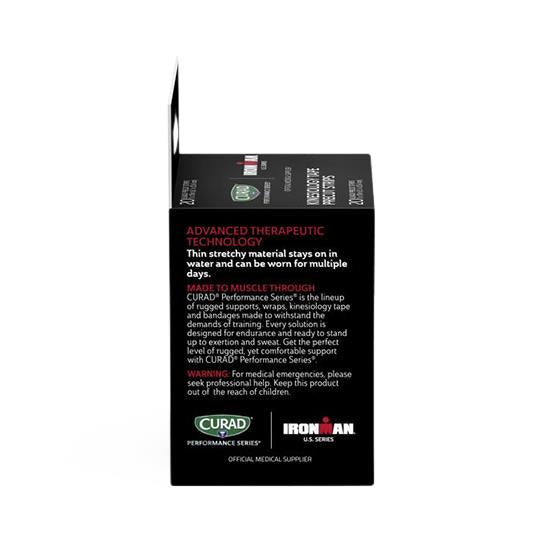 Kinesiology tape box back panel showing CURAD Performance Series and Ironman U.S. Series branding with product description