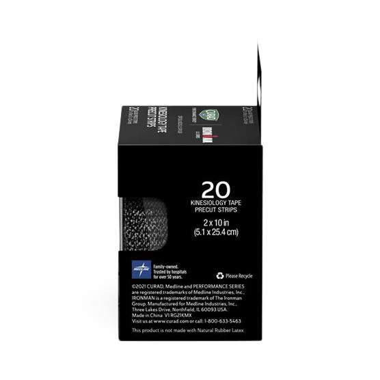 CURAD Performance Series Kinesiology Tape black box showing 20 precut strips, 2x10 inches, side panel view with product