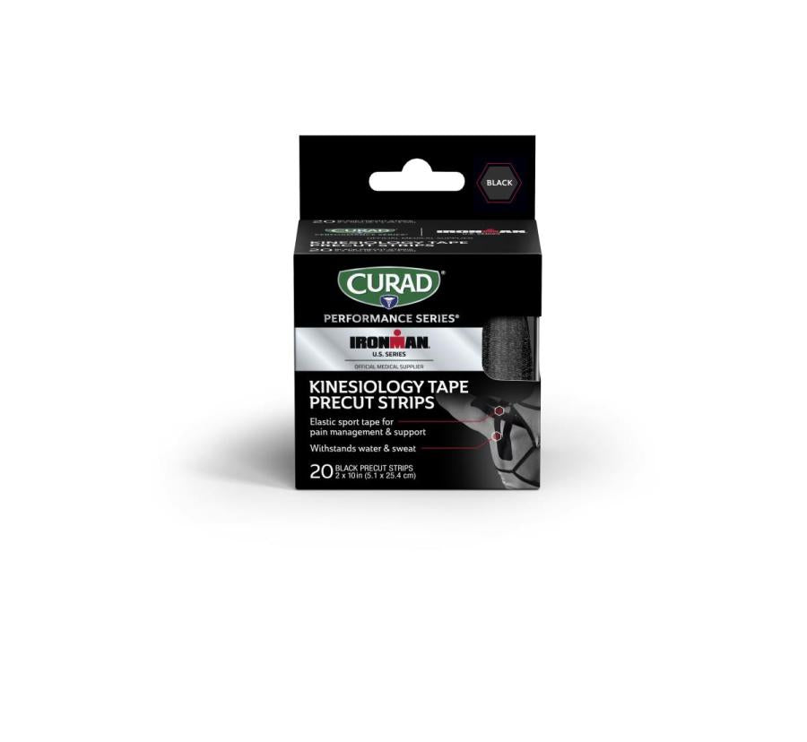 Kinesiology tape precut strips in black retail box, 20-count, with athletic imagery on packaging