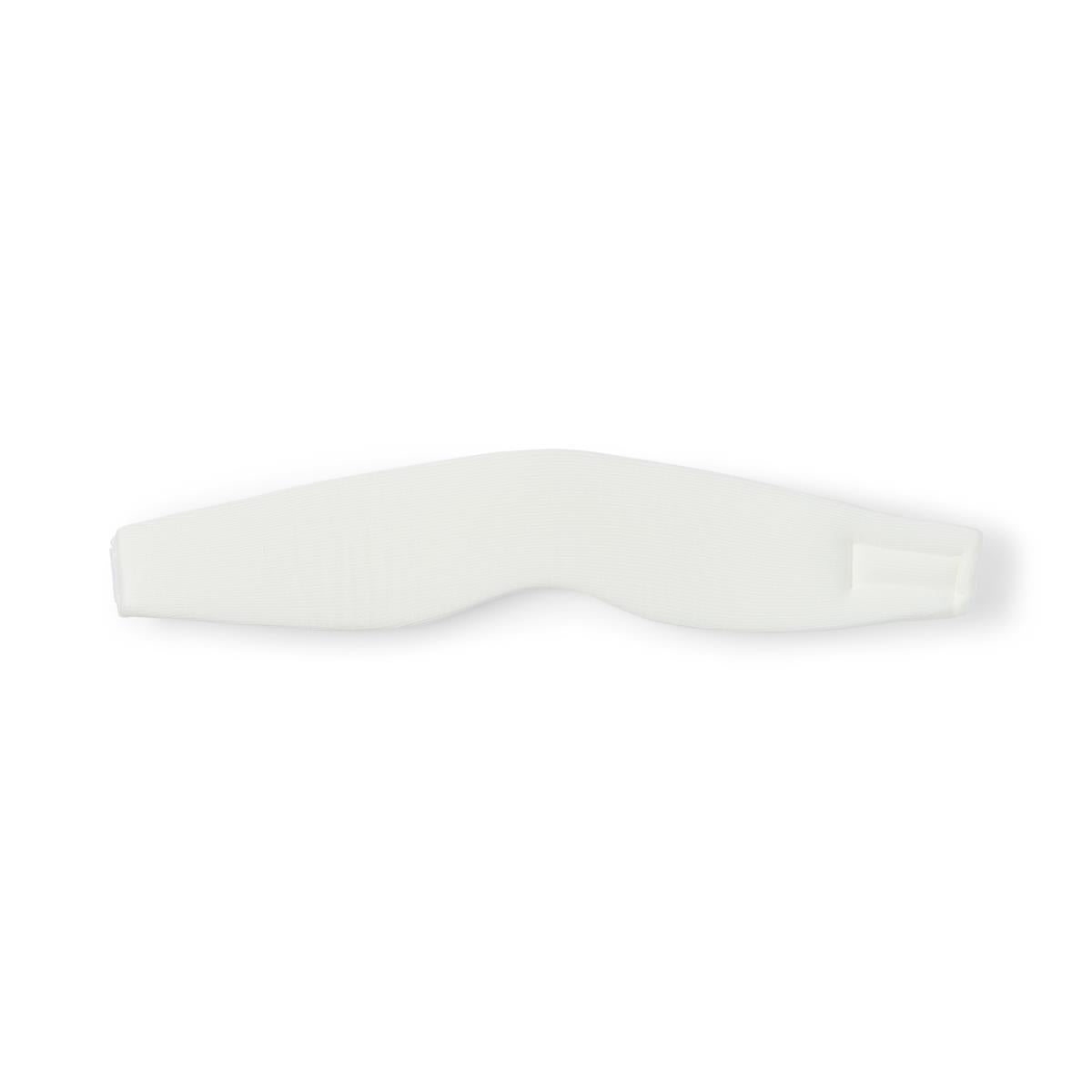 Firm cervical collar in white with contoured shape and hook-and-loop fastener, shown flat on white background