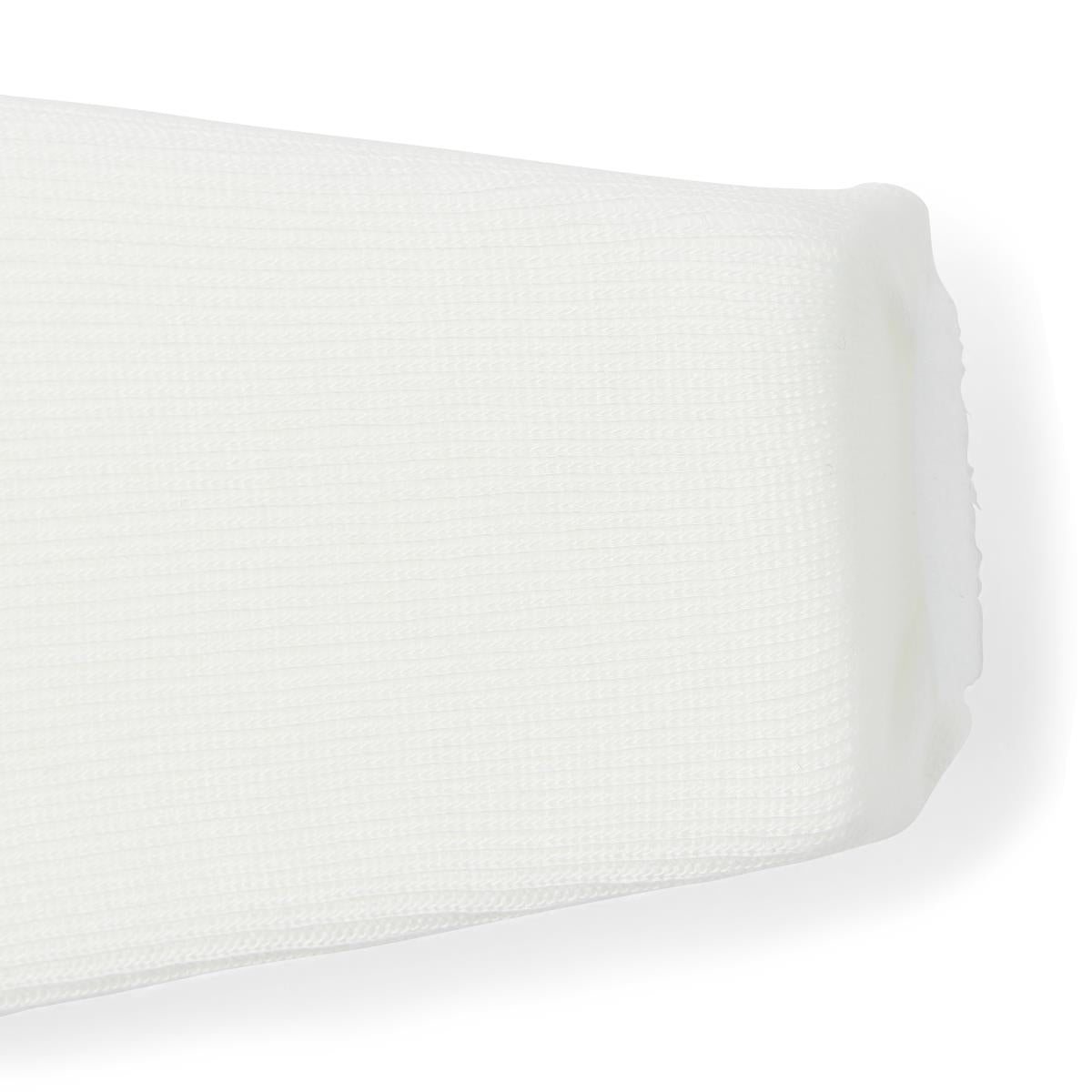 Firm cervical collar with white textured fabric cover and molded plastic edges, shown on white background