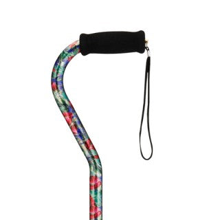Offset cane with black foam handle, wrist strap, and colorful floral patterned shaft against white background
