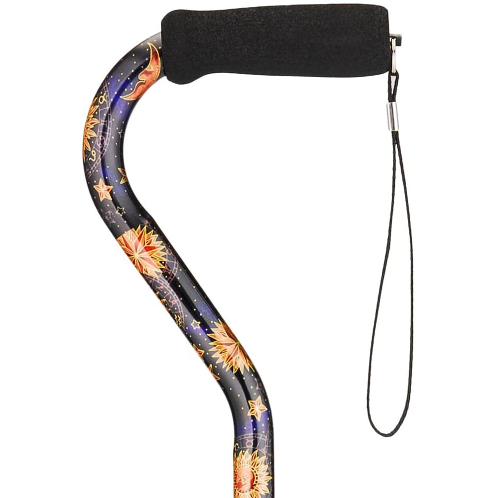 Offset walking cane with foam grip and wrist strap, featuring a celestial sun, moon, and stars pattern on a dark background