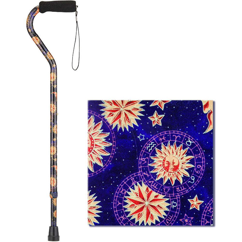 Offset walking cane with foam handle, wrist strap, and celestial sun and zodiac print pattern on navy blue background