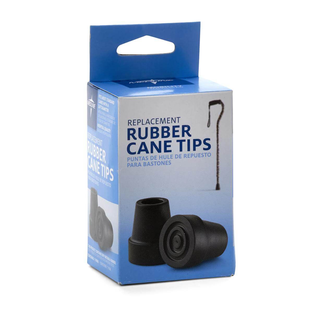 Replacement rubber cane tips in black shown in blue retail box with two black rubber tips displayed on front of packaging