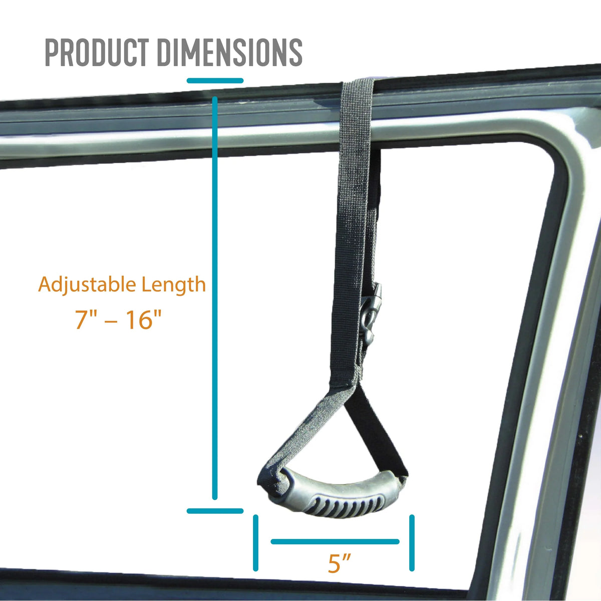Car caddie portable door handle with adjustable strap shown hanging from vehicle door frame, with dimension callouts