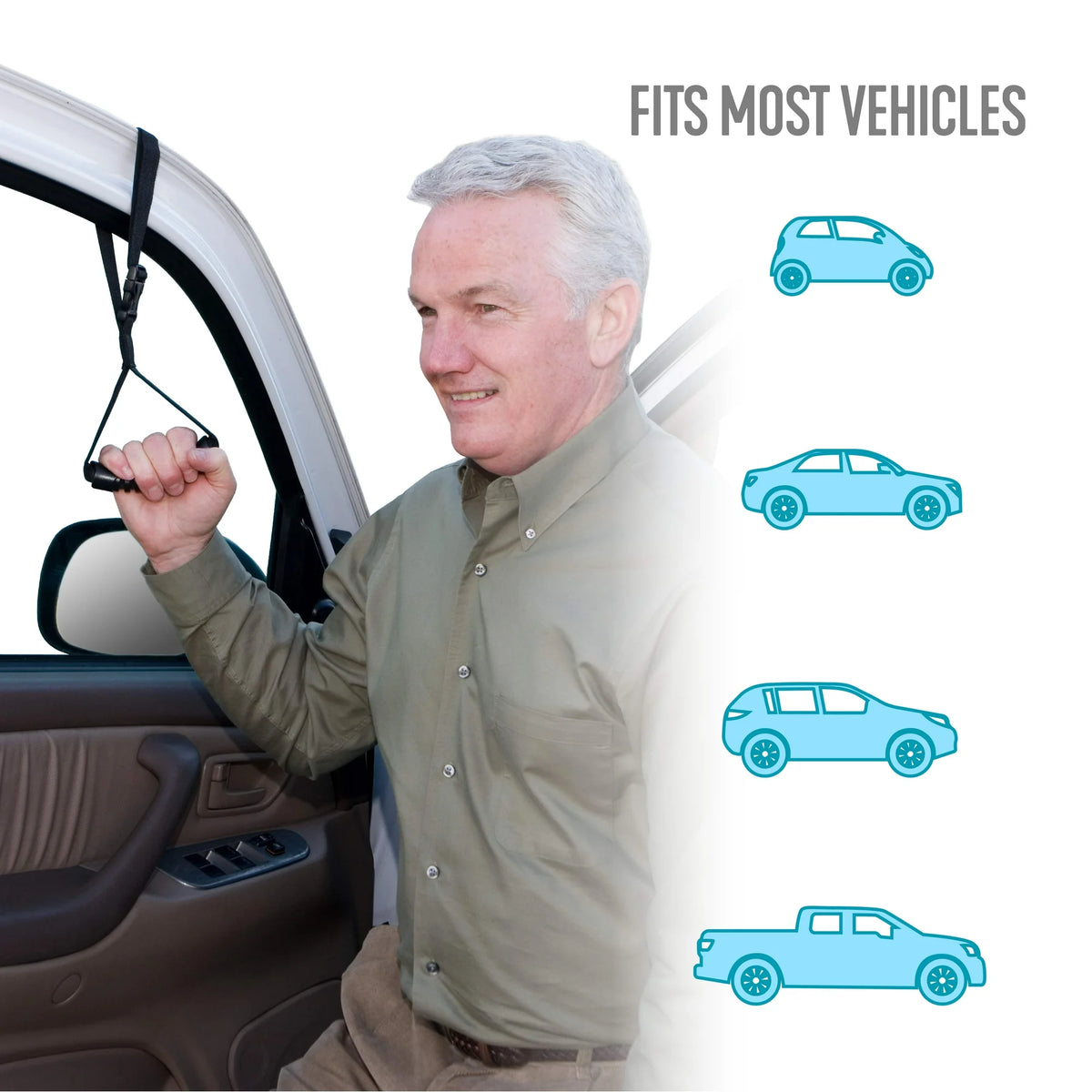 Car caddie portable vehicle handle with strap looped over door frame, shown in use by older man exiting an SUV