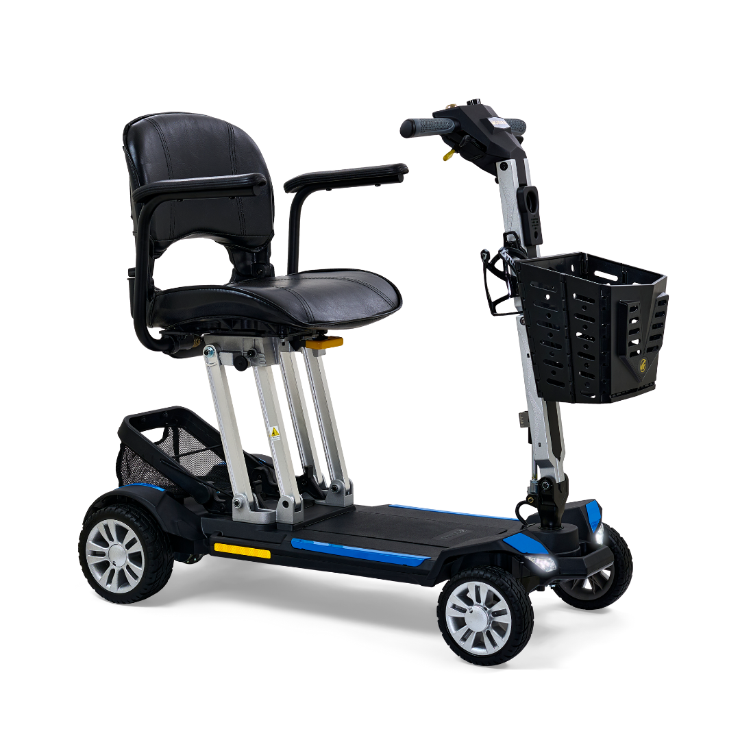 Four-wheel folding mobility scooter in black and blue with padded seat, tiller handlebars, front basket, and rear storage