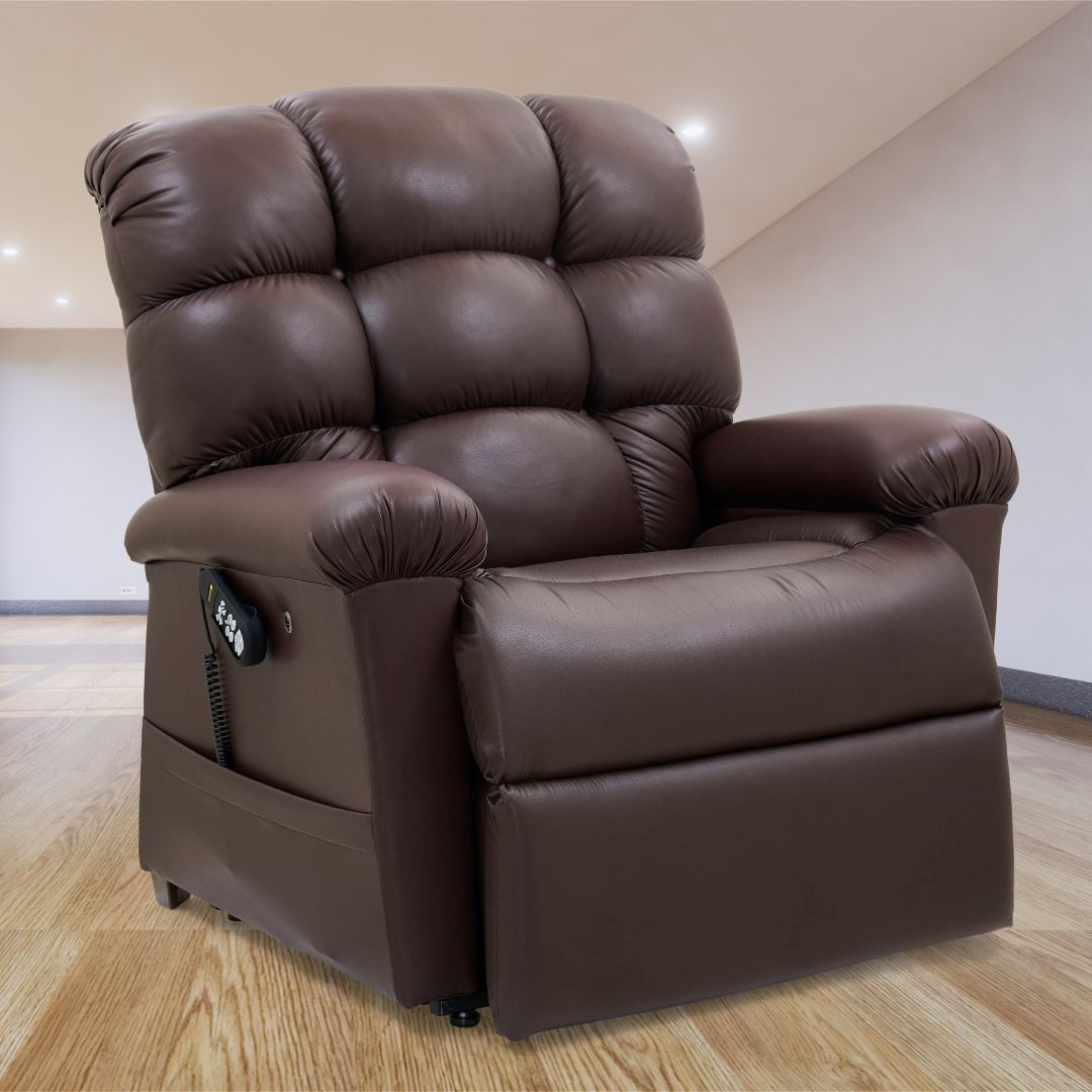Power lift recliner in dark brown faux leather with tufted back, padded armrests, and wired hand control, shown in upright