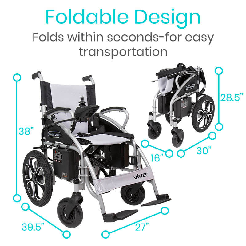 Power wheelchair shown unfolded and folded side by side with dimension callouts on a white background