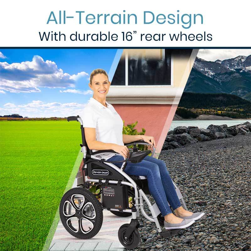 Power wheelchair with a smiling woman seated outdoors, composite background showing green field, home, and mountain terrain