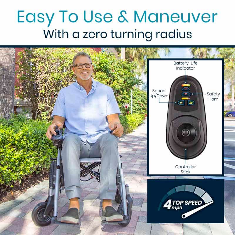 Compact power wheelchair shown outdoors on a brick path with a smiling man seated, plus a labeled joystick controller