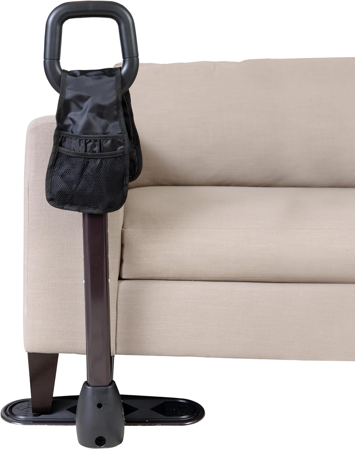 Couch cane with loop handle and attached black organizer pouch, shown positioned beside a beige sofa with floor base plate