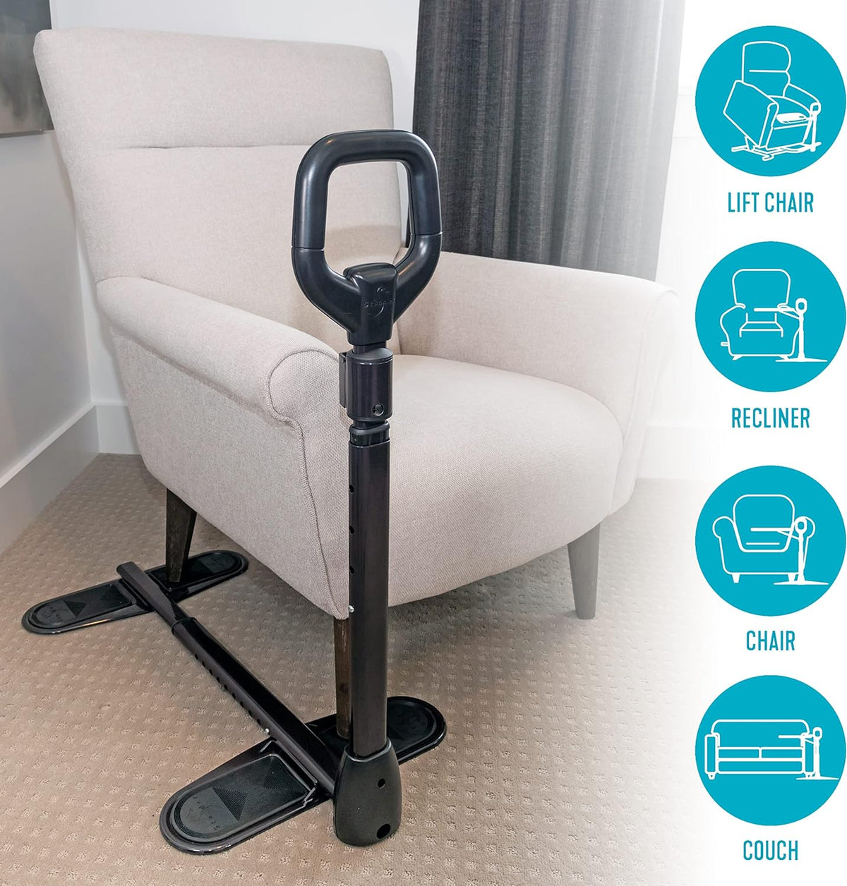 Couch cane stand-assist support rail with loop handle and floor base, shown beside a cream armchair with usage icons for