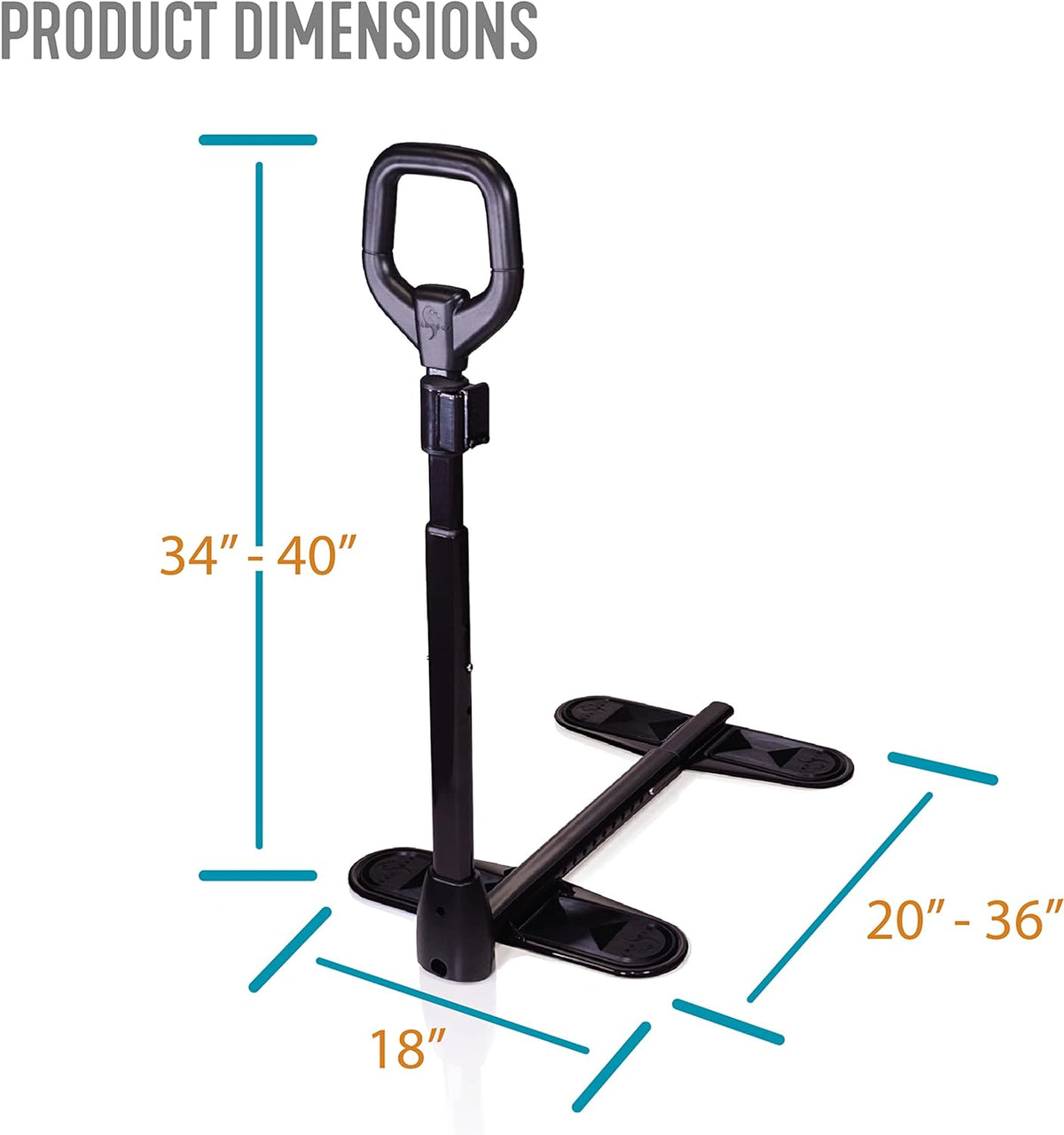Couch cane standing aid shown with dimension callouts: 34–40 inches tall, 18 inches wide base, and 20–36 inch depth range