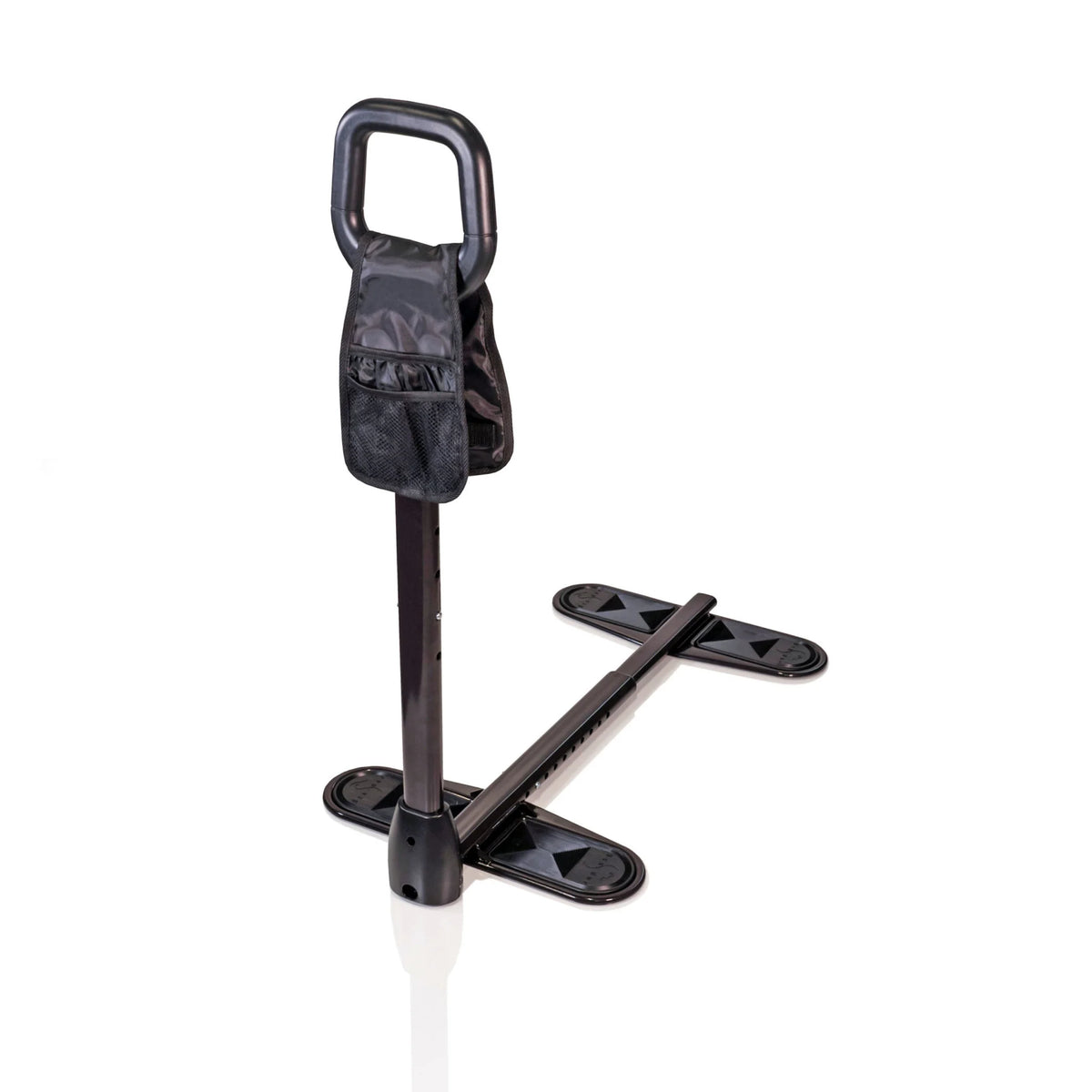 Couch cane with padded grab handle, attached organizer pouch, adjustable pole, and cross-base floor supports, in black