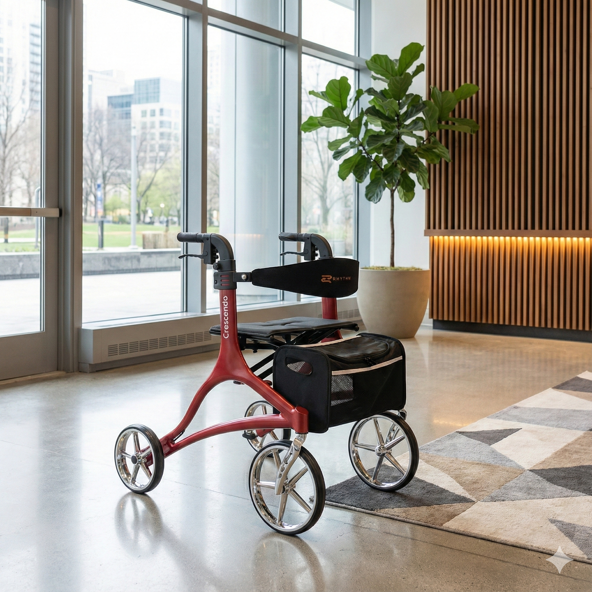 Crescendo rollator with red frame, padded seat, backrest, hand brakes, chrome spoke wheels, and black storage bag, in a