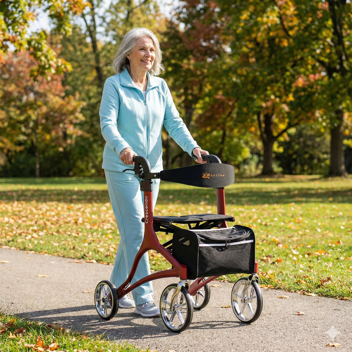 Crescendo Rollator in red with four wheels, padded seat, backrest, and storage bag, used by a woman walking outdoors in a