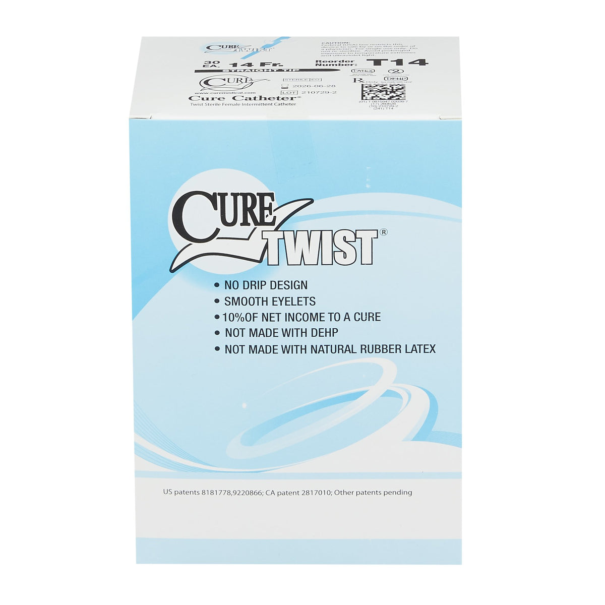 Cure Twist intermittent catheter box of 30, light blue packaging with brand logo and product feature bullet points