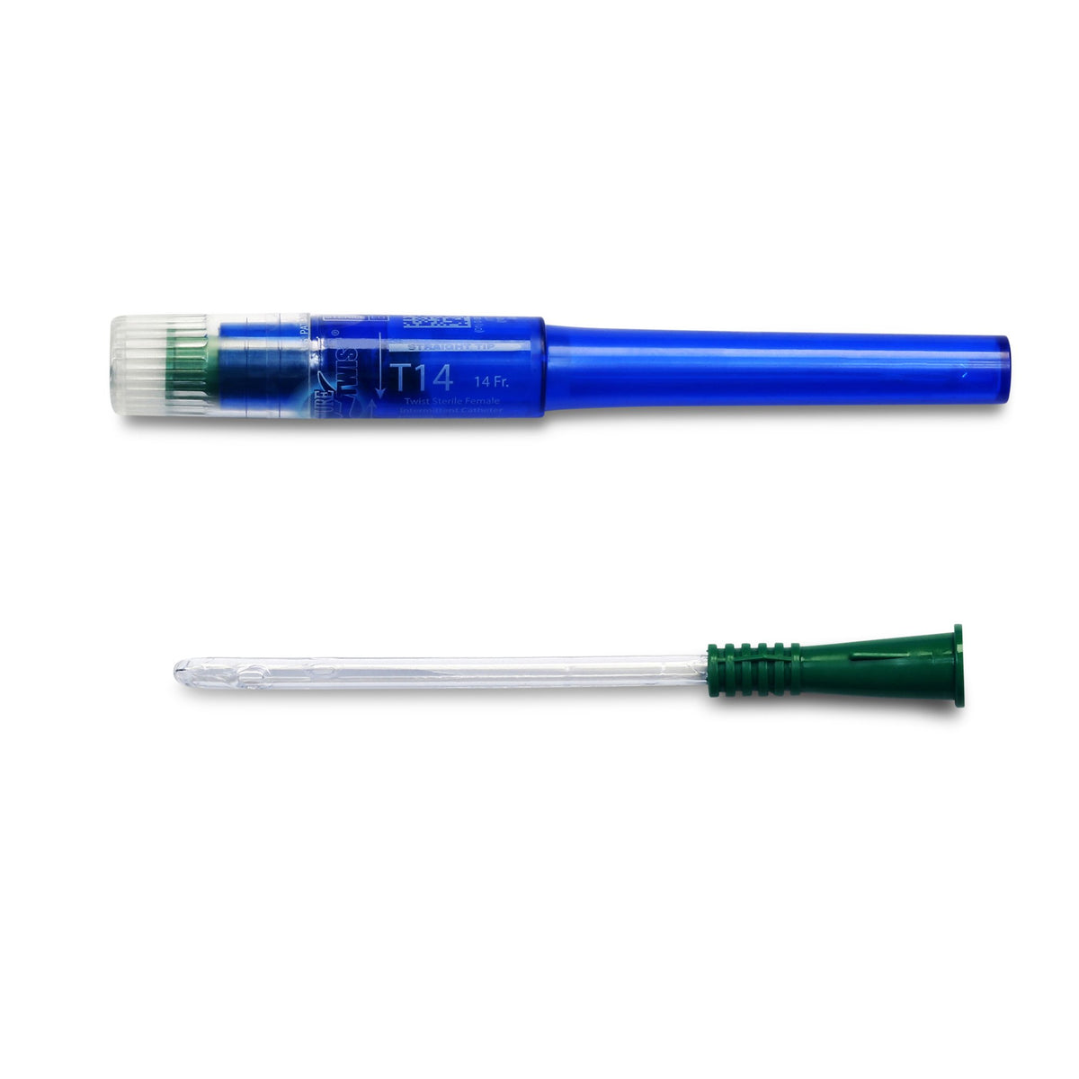 Cure Twist female intermittent catheter with blue travel case and clear catheter with green funnel end, shown assembled and
