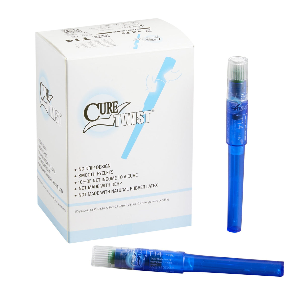 Cure Twist intermittent catheters in blue compact applicators beside white product box, box of 30