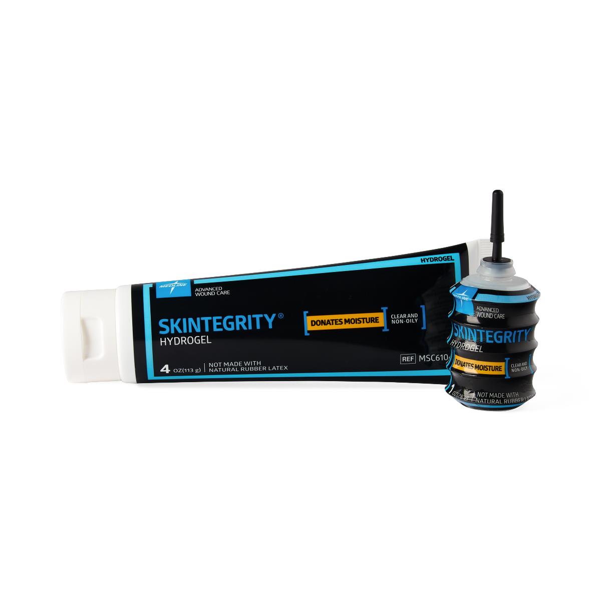 Skintegrity Hydrogel wound care gel shown in a squeeze tube and small applicator bottle with black and teal packaging on