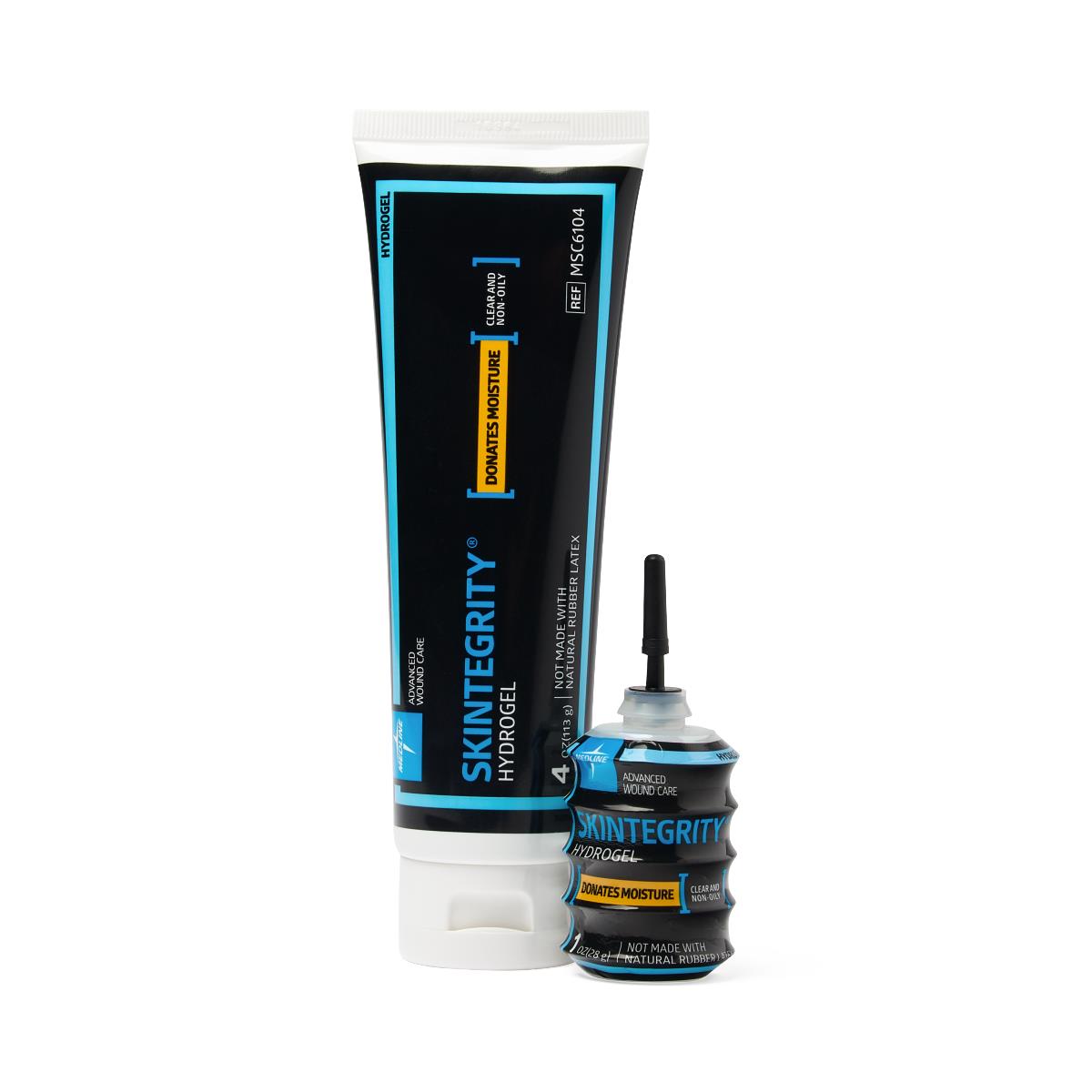 Skintegrity Hydrogel wound care gel in a large squeeze tube and small applicator bottle with black and blue packaging