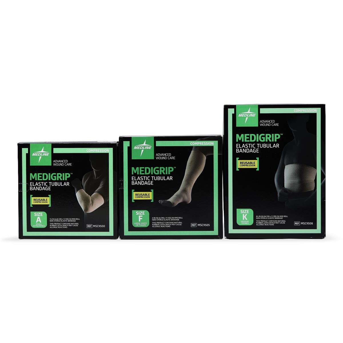 Medline Medigrip Elastic Tubular Bandage boxes in three sizes displayed together on white background