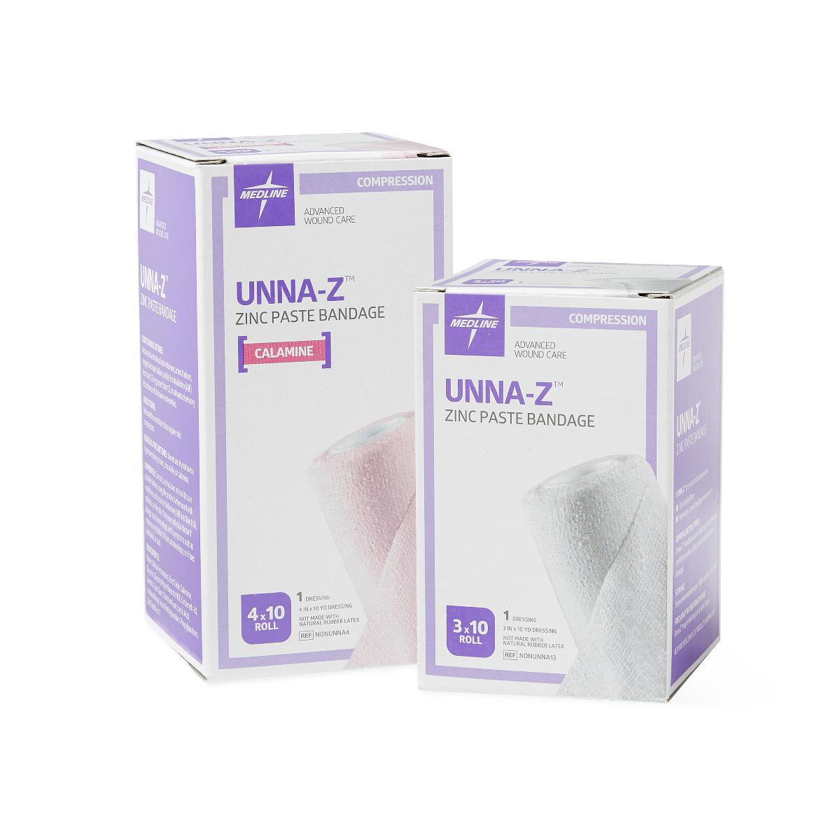Zinc paste compression bandage boxes in two sizes, one with calamine formula, shown with rolled bandage visible on white