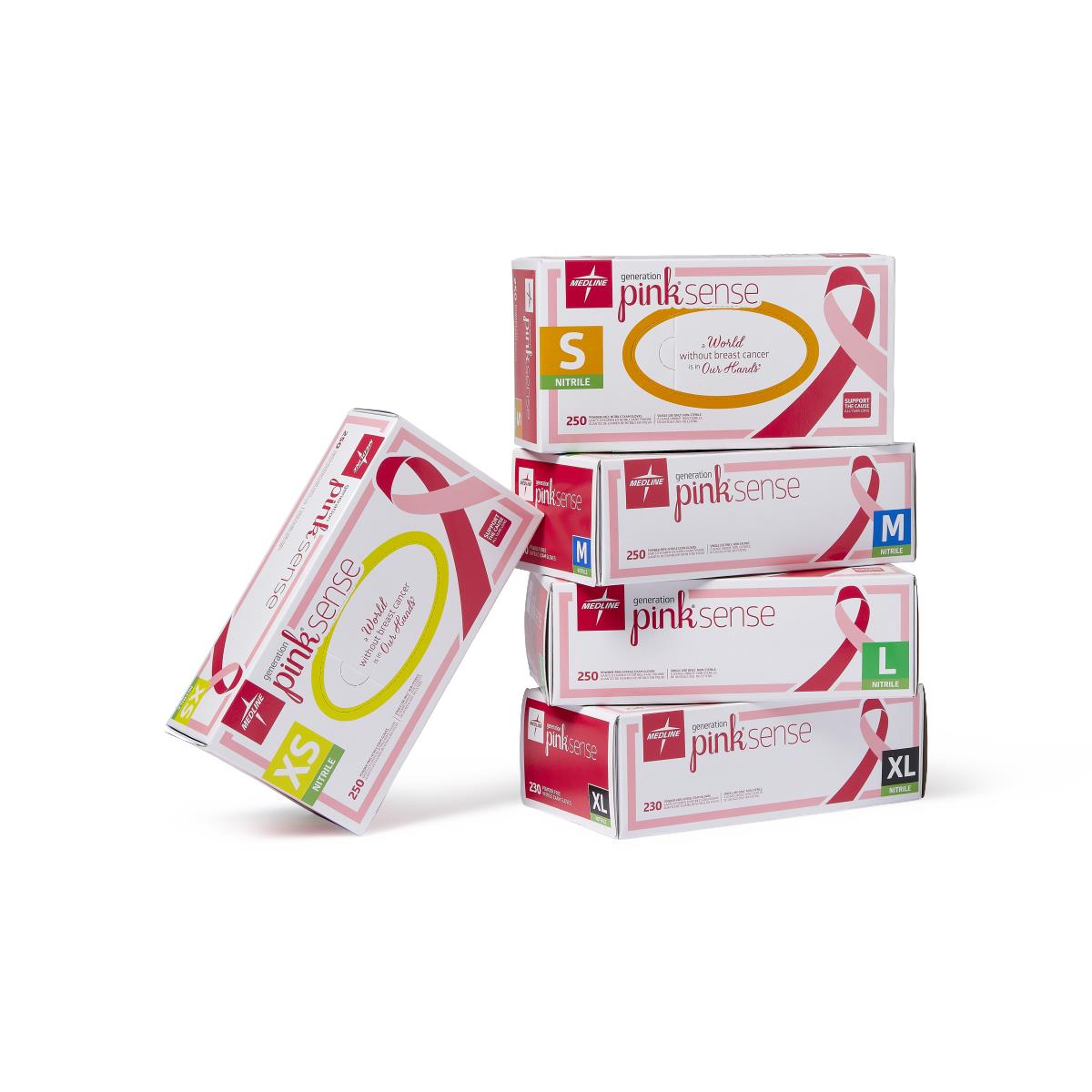 Nitrile exam glove boxes in XS, S, M, L, and XL sizes with pink ribbon branding, stacked and arranged on white background