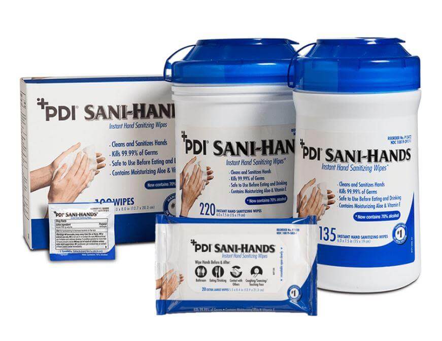 PDI Sani-Hands instant hand sanitizing wipes shown in canister, box, packet, and single-use formats on white background