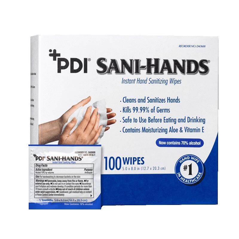 PDI Sani-Hands instant hand sanitizing wipes box of 100 with individual packet shown in front