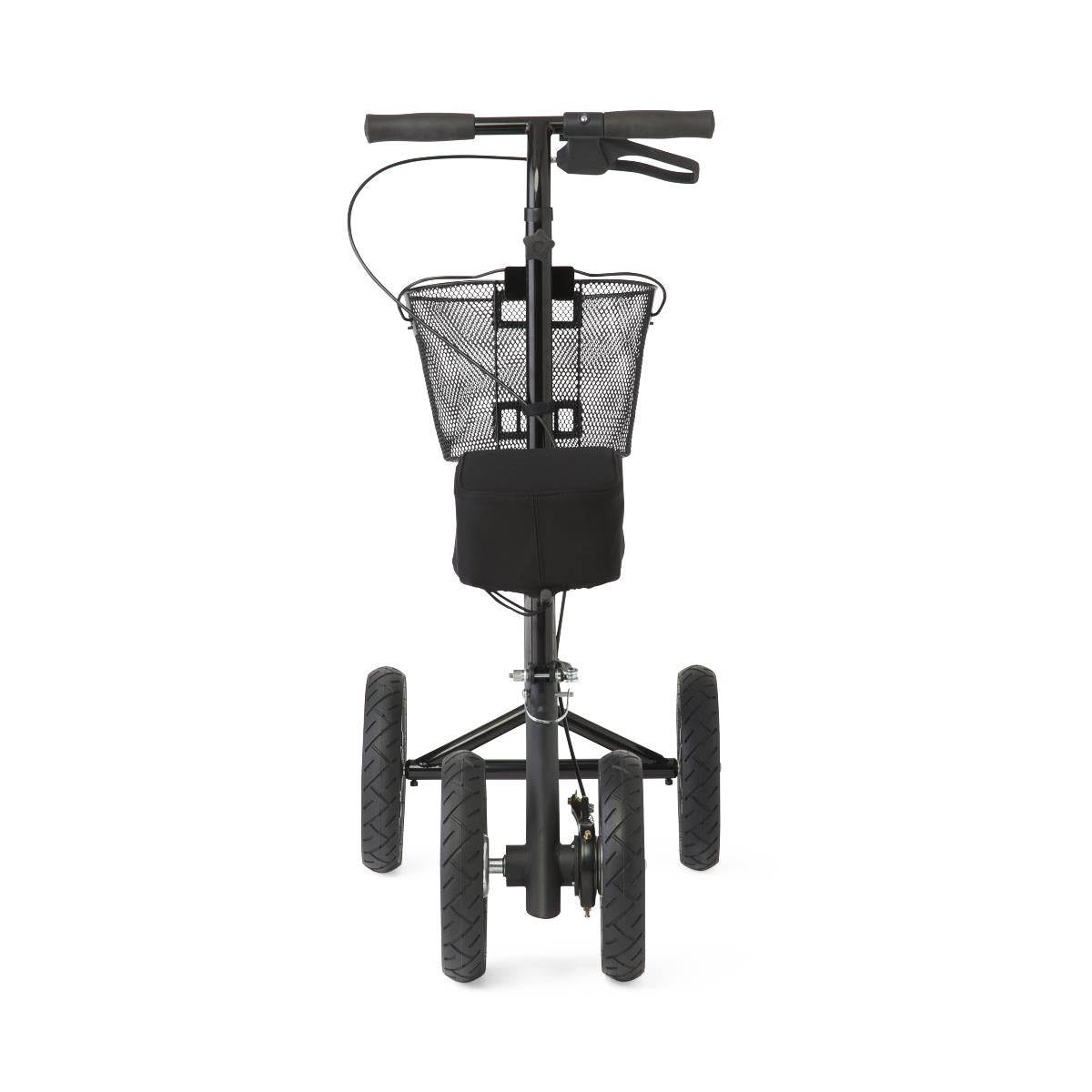Knee walker in matte black with four all-terrain wheels, padded knee rest, wire mesh basket, and handlebar brakes, front view