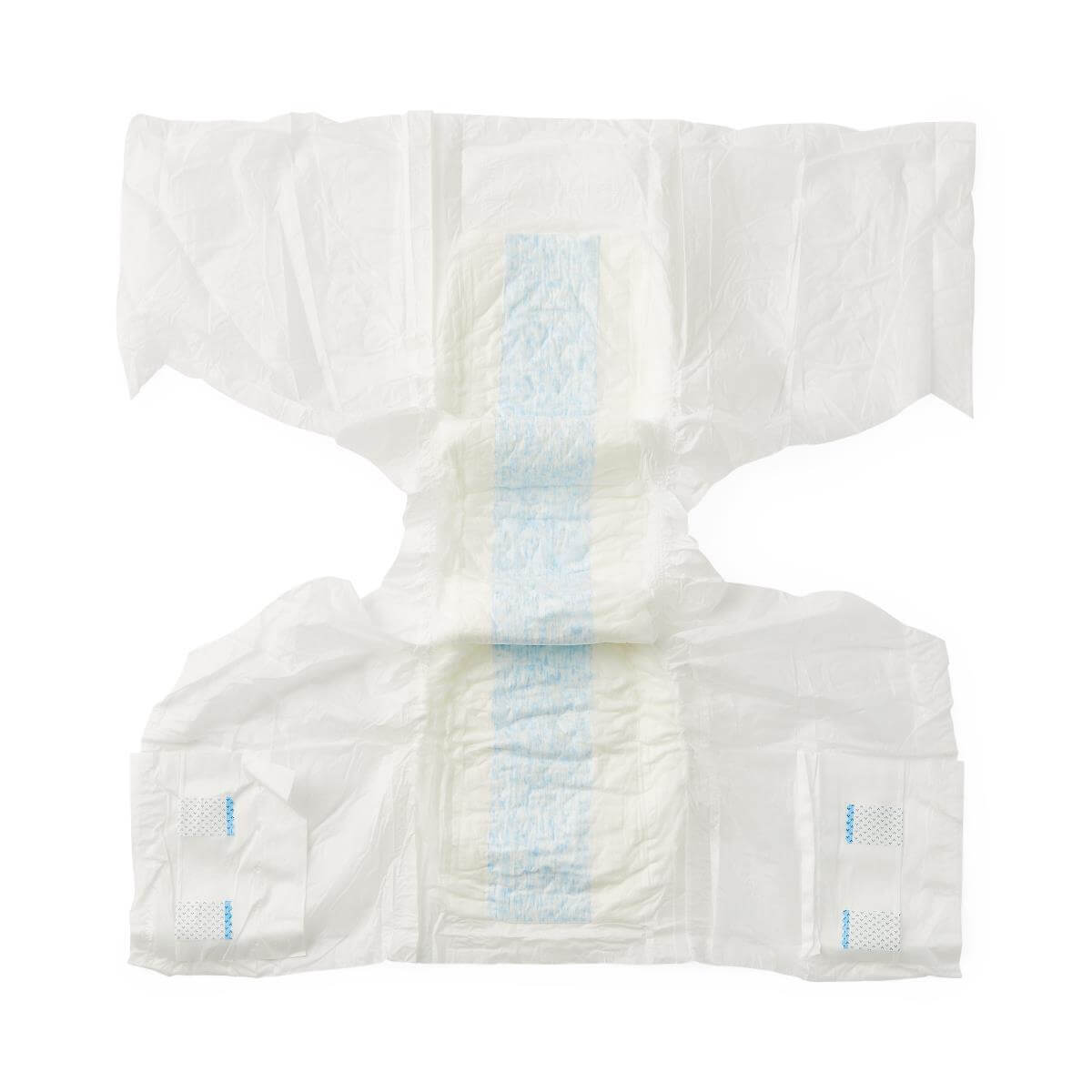 Adult incontinence brief laid flat and unfolded, white with blue absorbent core strip and dual refastenable tabs on each side