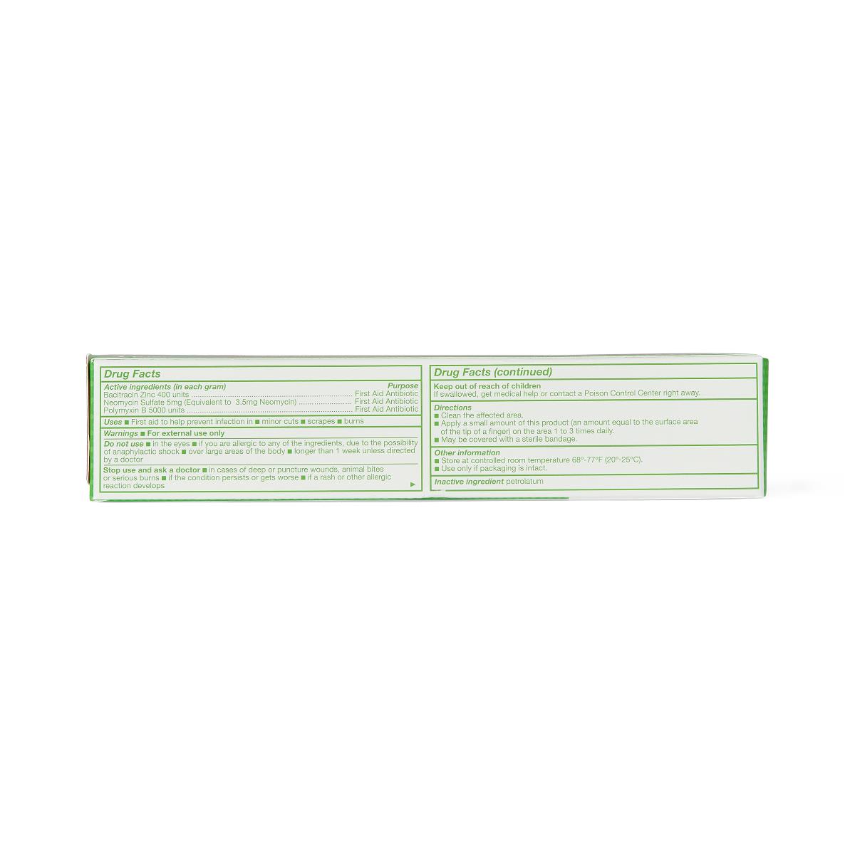 Triple antibiotic ointment box showing Drug Facts label with active ingredients, directions, and warnings printed in green
