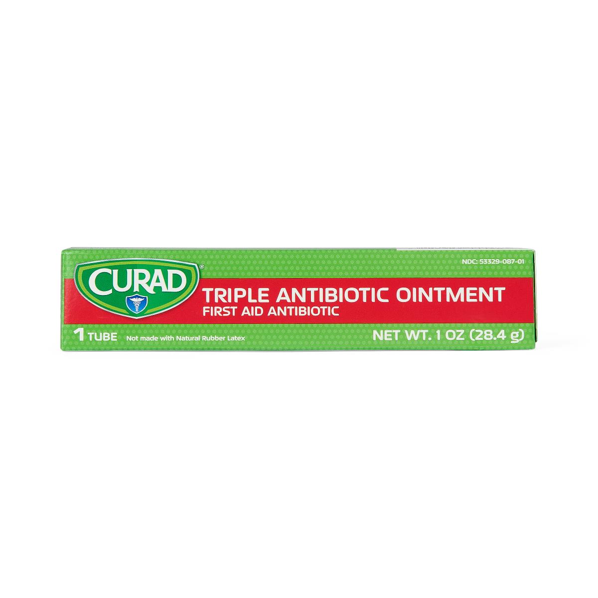 Triple antibiotic ointment box by Curad, green and red packaging, 1 oz single tube, first aid antibiotic