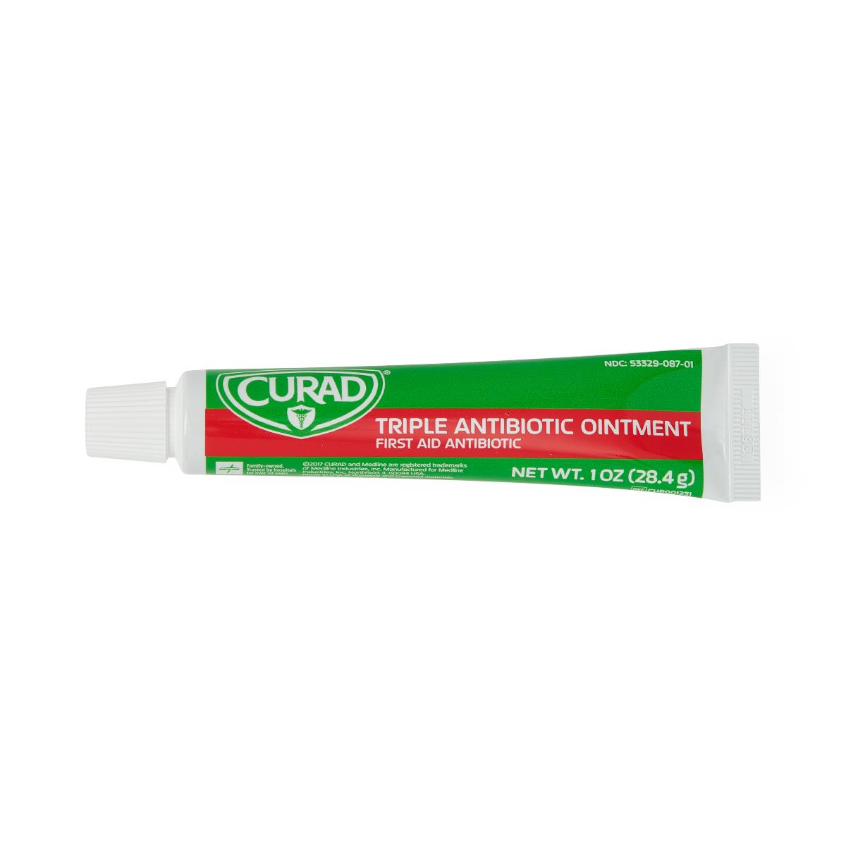 Triple antibiotic ointment tube with green and red label, 1 oz size, with white cap