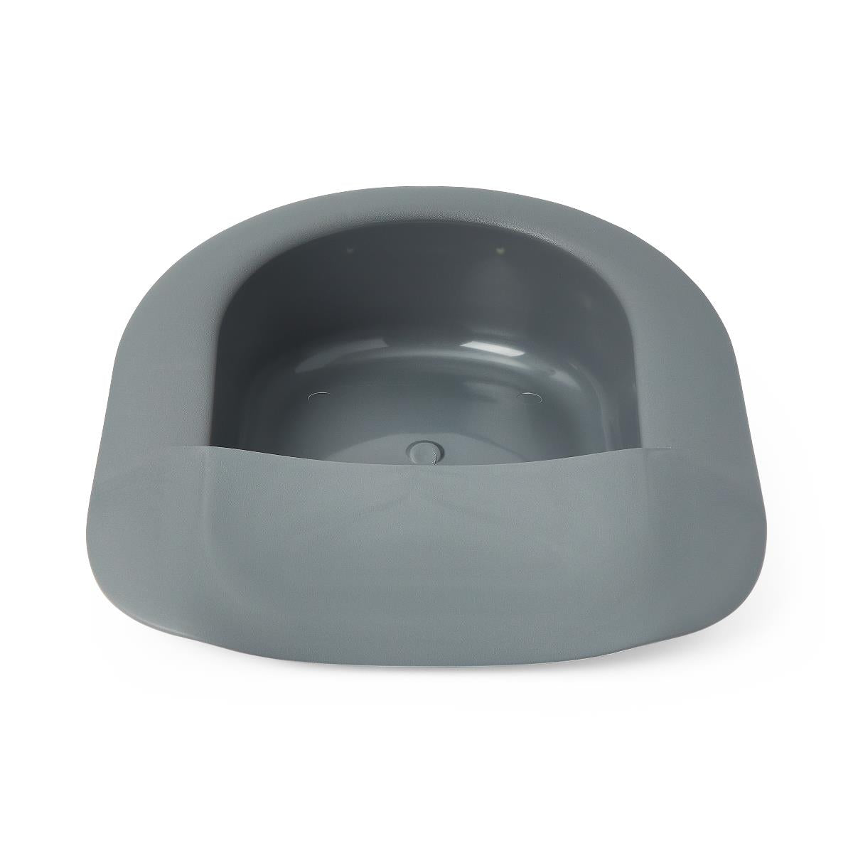 Bariatric bedpan in gray plastic with wide opening and reinforced base, viewed from front angle on white background