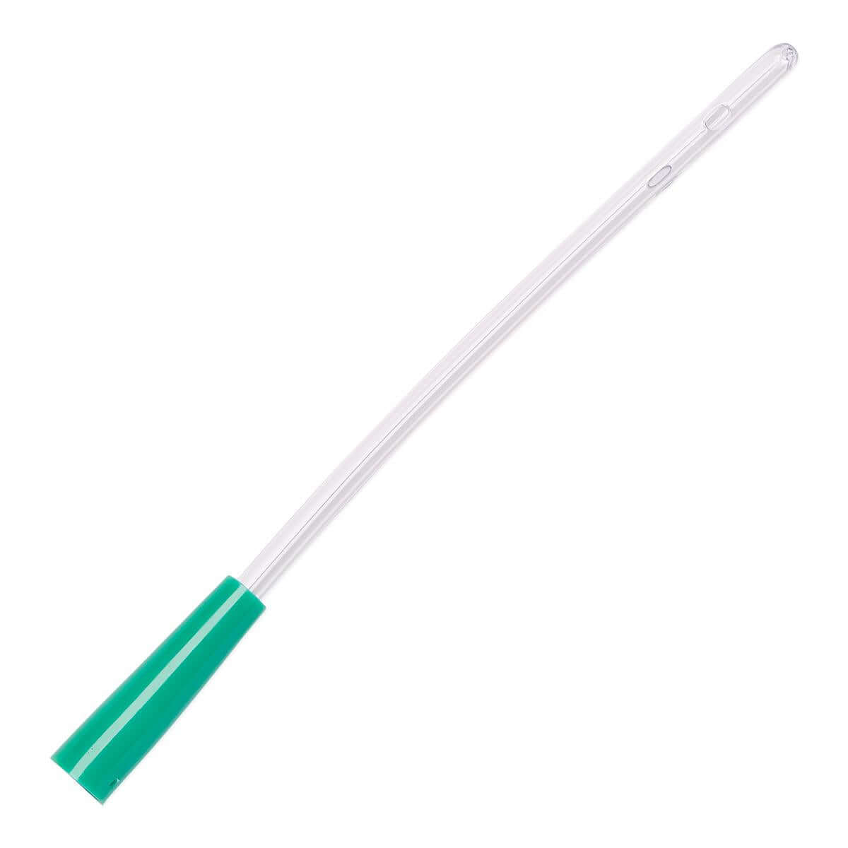 Vinyl urethral catheter with a clear flexible shaft and green funnel-shaped connector end on white background