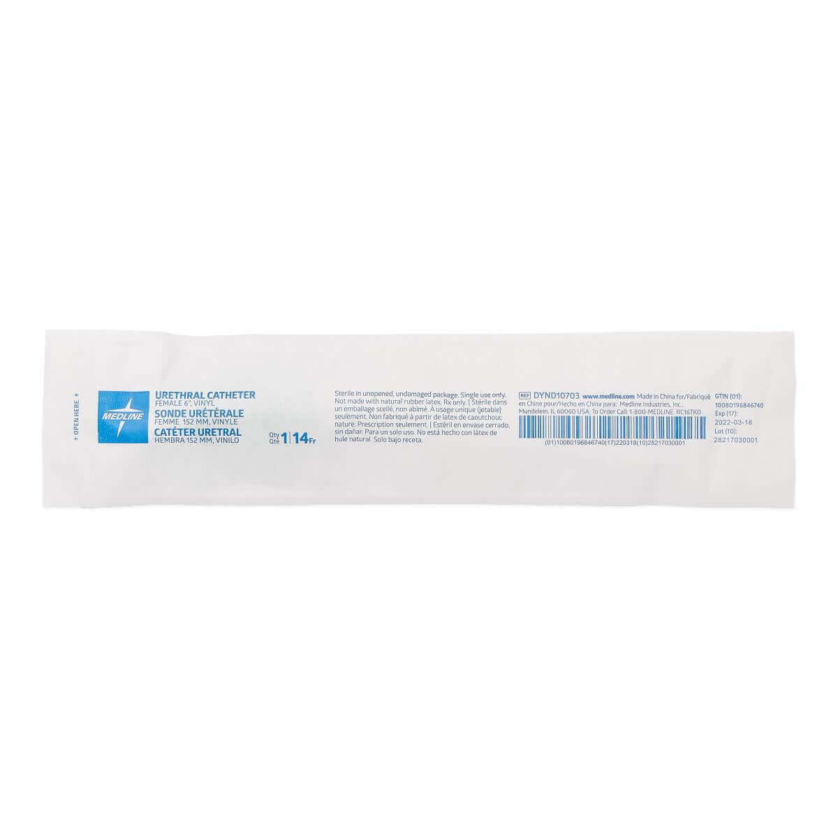 Vinyl urethral catheter in sealed sterile packaging with multilingual label and barcode on white background