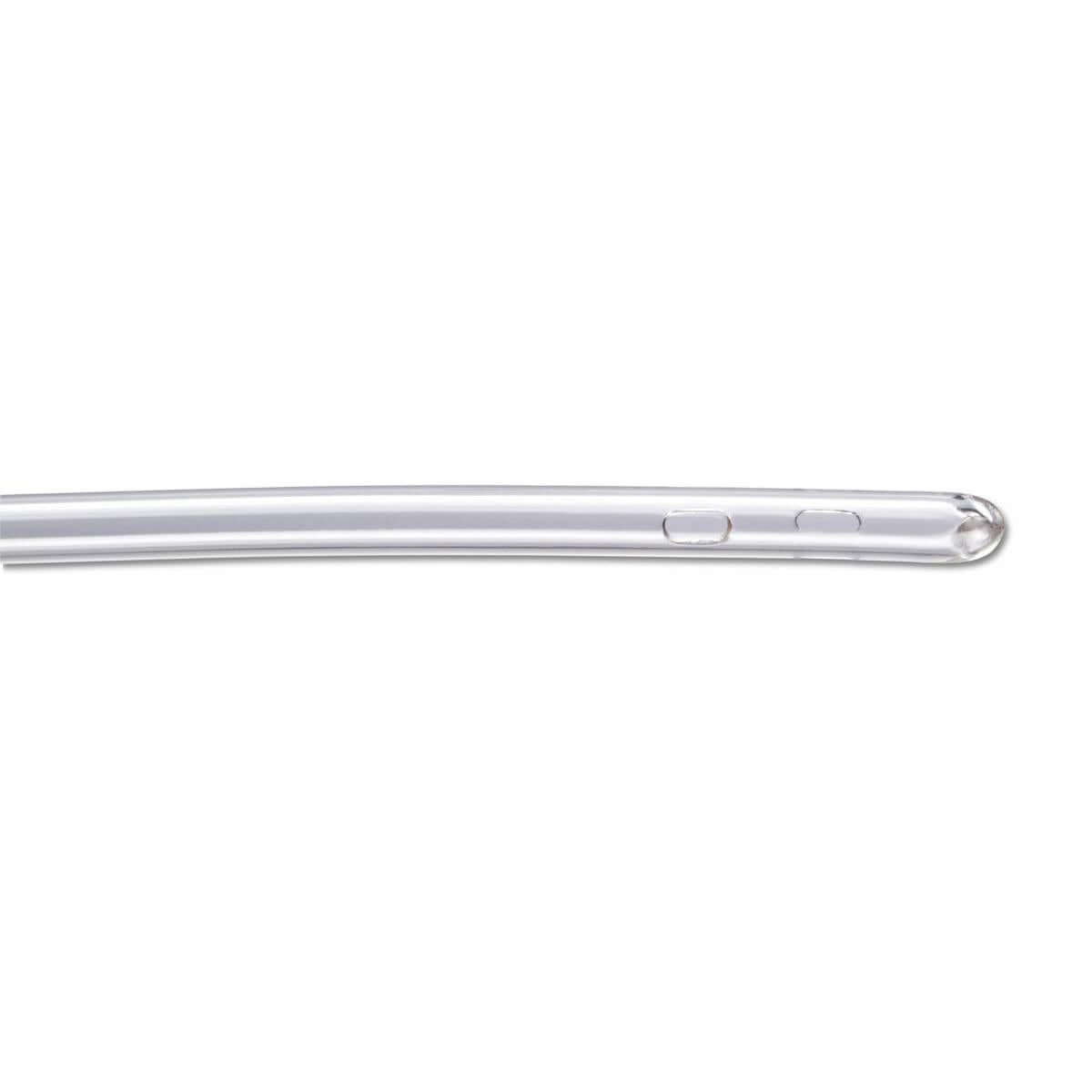 Vinyl urethral catheter with curved clear tube, rounded closed tip, and two drainage eyelets visible along the shaft