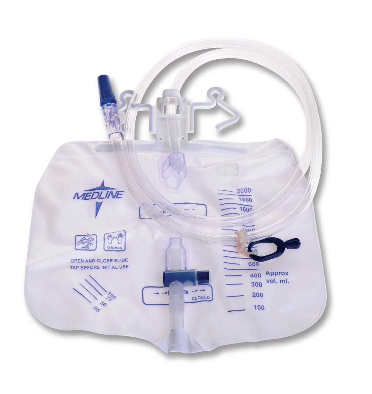 Urinary drainage bag with attached tubing, hanger hooks, slide tap drain valve, and milliliter measurement markings on a