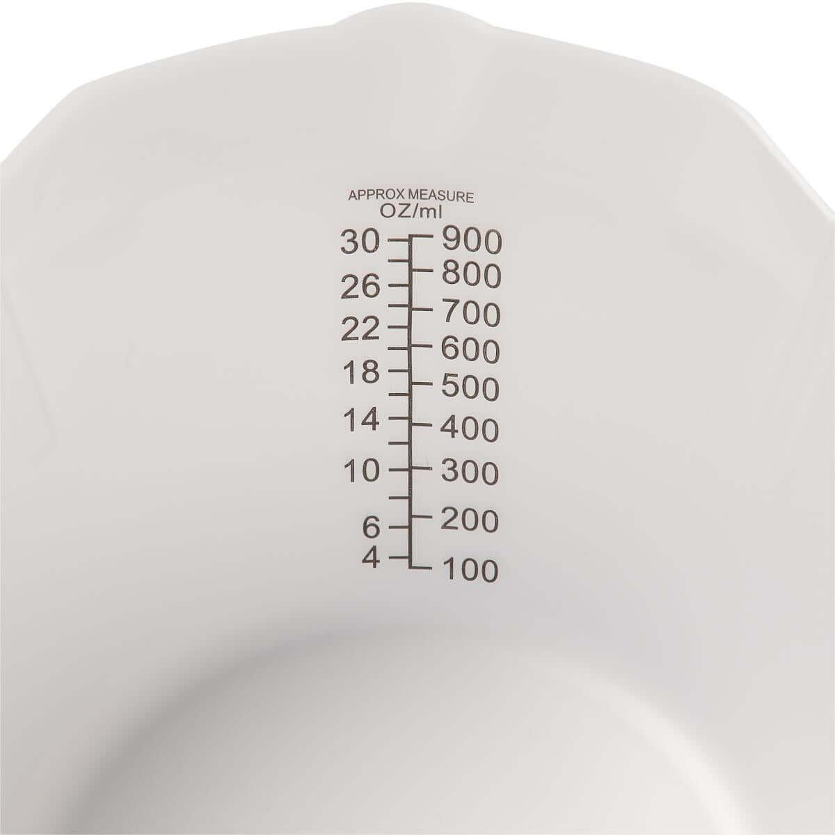 Specimen collector pan in translucent white with printed oz and mL graduation markings up to 30 oz and 900 mL