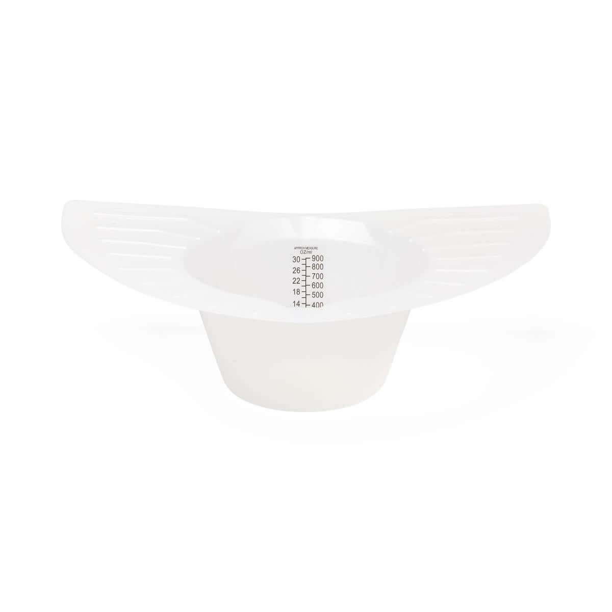 Translucent plastic specimen collector pan with graduated measurement markings in oz and mL printed on the side