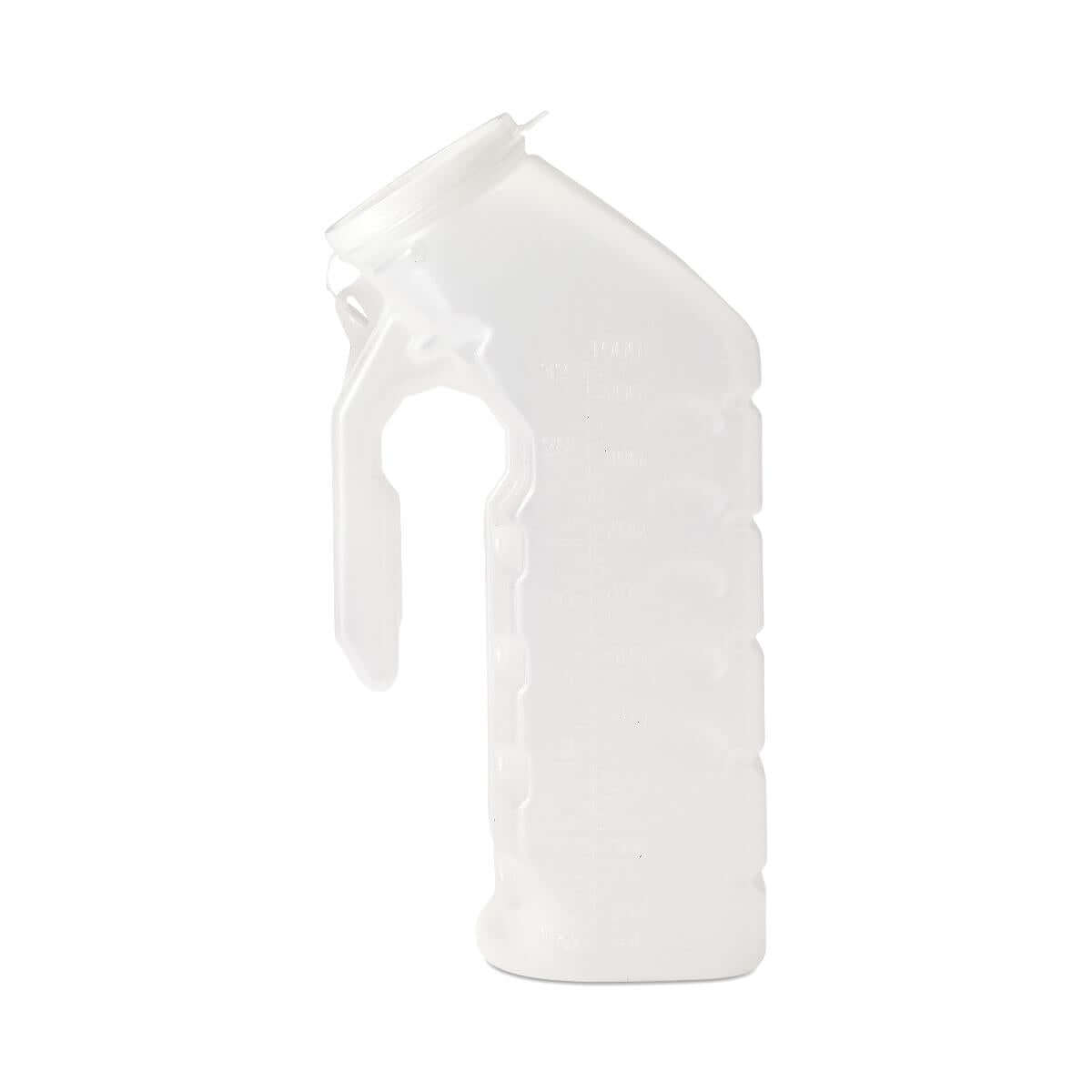 Male urinal in translucent white plastic with handle, angled spout, lid, and graduated measurement markings on the side
