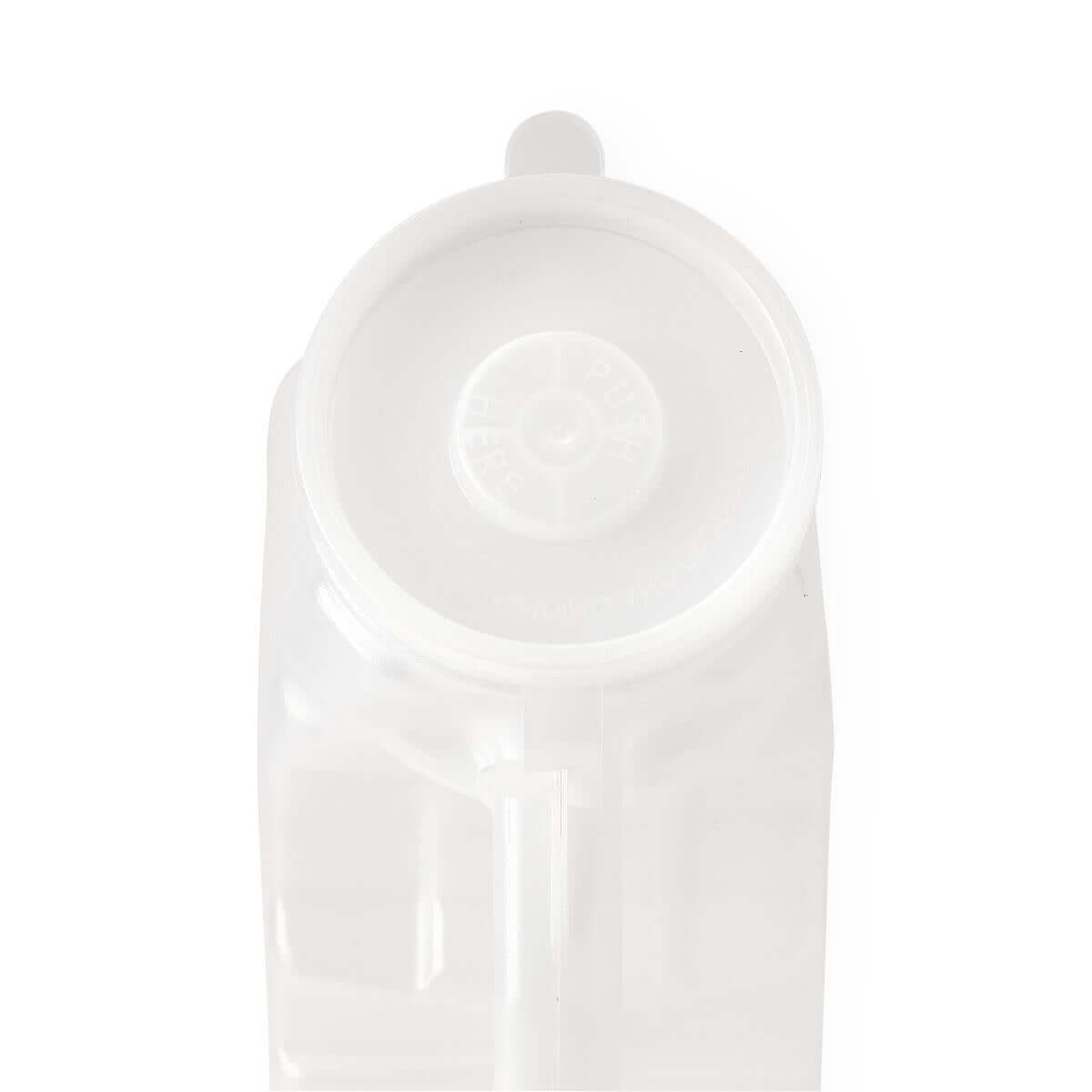 Male urinal viewed from above showing wide-mouth opening and clear plastic body with white lid