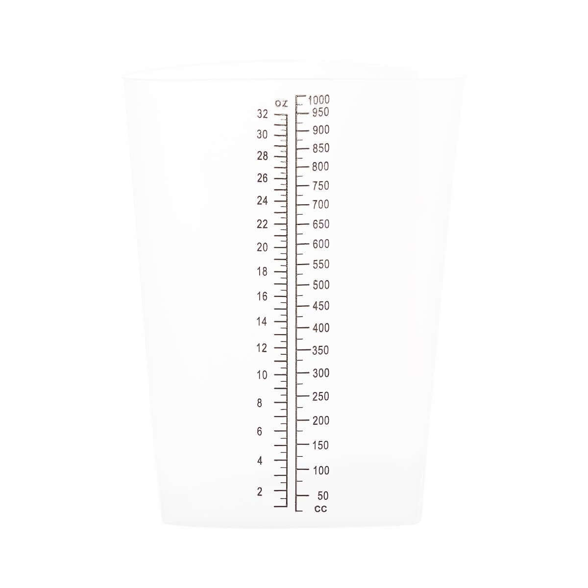 Triangular graduate measuring cup with dual oz and cc/mL graduated markings up to 32 oz and 1000 cc